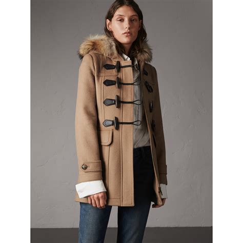 burberry fur trim coat dupe|Burberry camel duffle coat.